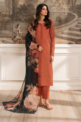 IZNIK - 3PC DHANAK EMBROIDERED SHIRT WITH TWILL PRINTED SHAWL AND TROUSER - HZG2268