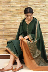 AISLING - 3PC DHANAK EMBROIDERED SHIRT WITH PRINTED TWILL SHAWL AND TROUSER - HZG1052