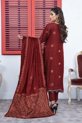 BAKHIYA - 3PC DHANAK EMBROIDERED SHIRT WITH CUTWORK DHANAK EMBROIDERED SHAWL AND TROUSER - HZG1981