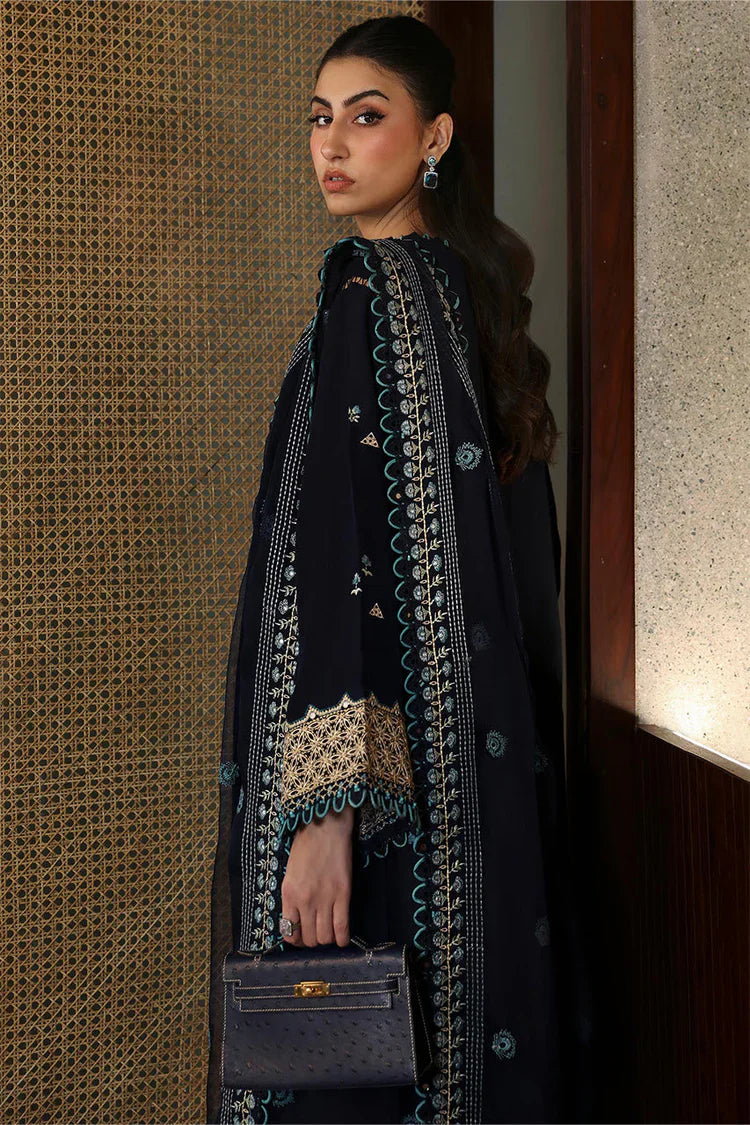 ZAHA - 3PC DHANAK EMBROIDERED SHIRT WITH DHANAK EMBROIDERED SHAWL AND TROUSER - HZU2464