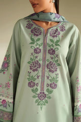 SERAN - 3PC DHANAK EMBROIDERED SHIRT WITH TWILL PRINTED SHAWL AND TROUSER - HZU2536
