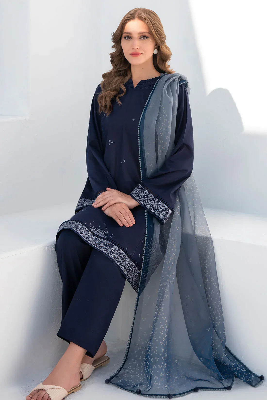 JAZMIN - 3PC LAWN EMBROIDERED SHIRT WITH PRINTED DUPATTA AND TROUSER - HZG1545