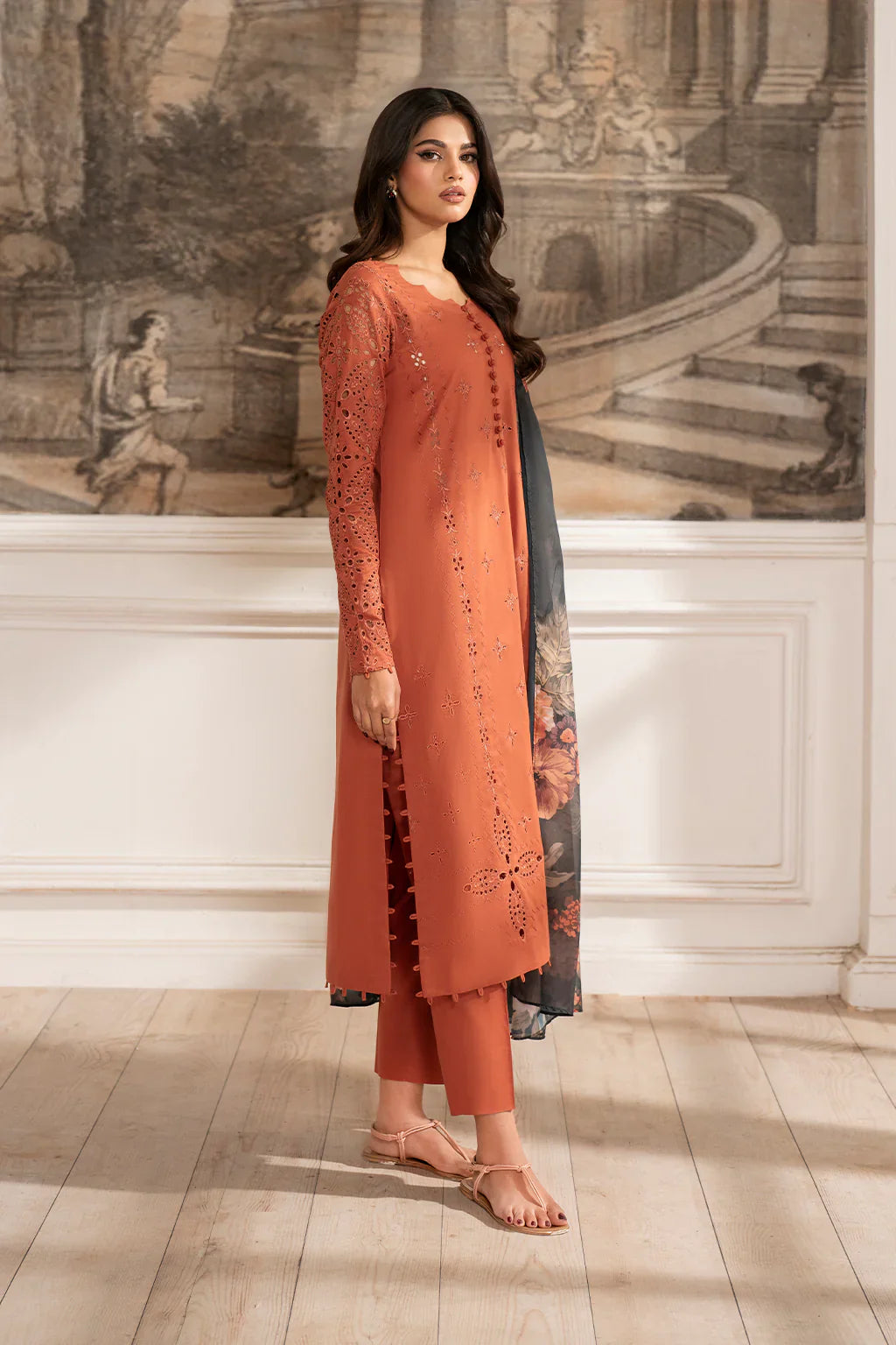 IZNIK - 3PC DHANAK EMBROIDERED SHIRT WITH TWILL PRINTED SHAWL AND TROUSER - HZG2268