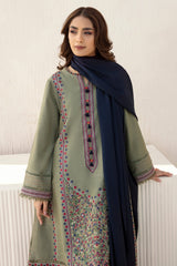 JAZMIN - 3PC SLUB DHANAK EMBROIDERED SHIRT WITH DHANAK SHAWL AND TROUSER - HZ1291