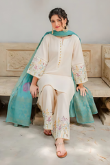 DYOT - 3PC DHANAK EMBROIDERED SHIRT WITH PRINTED PASHMINA SHAWL AND TROUSER - HZG1466