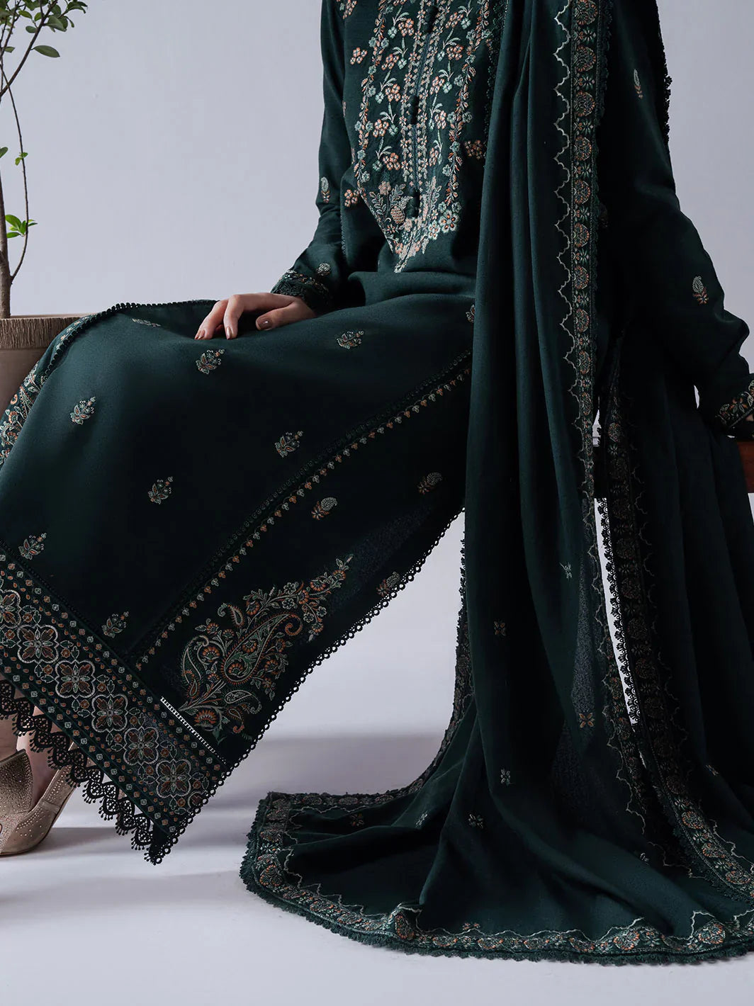 ASIM JOFA - 3PC DHANAK EMBROIDERED SHIRT WITH DHANAK EMBROIDERED SHAWL AND TROUSER - HZG2337