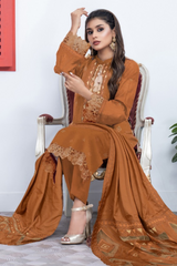 BAKHIYA - 3PC DHANAK EMBROIDERED SHIRT WITH CUTWORK DHANAK EMBROIDERED SHAWL AND TROUSER - HZG1982