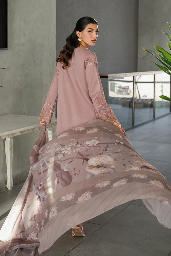 IZNIK - 3PC DHANAK EMBROIDERED SHIRT WITH TWILL PRINTED SHAWL AND TROUSER - HZG2405