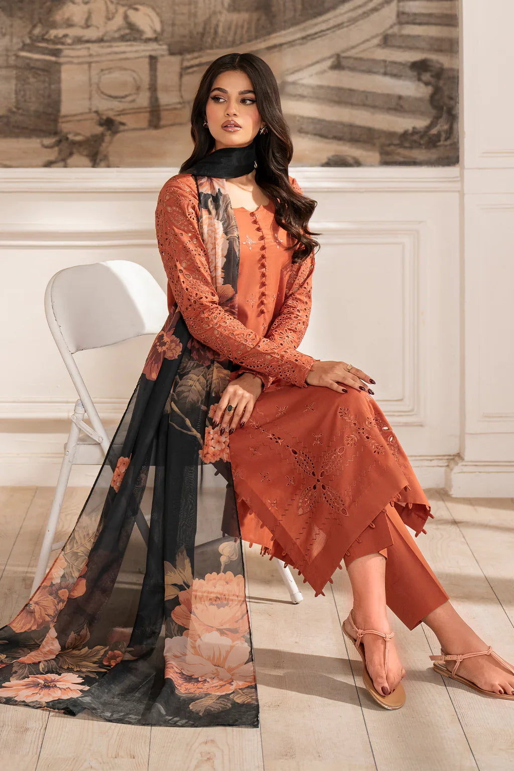 IZNIK - 3PC DHANAK EMBROIDERED SHIRT WITH TWILL PRINTED SHAWL AND TROUSER - HZG2268