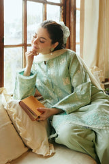 ZARA SHAH JAHAN - 3PC DHANAK EMBROIDERED SHIRT WITH TWILL PRINTED SHAWL AND TROUSER - HZG1688