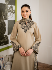 GARNET - 3PC DHANAK EMBROIDERED SHIRT WITH TWILL PRINTED SHAWL AND TROUSER - HZG1822