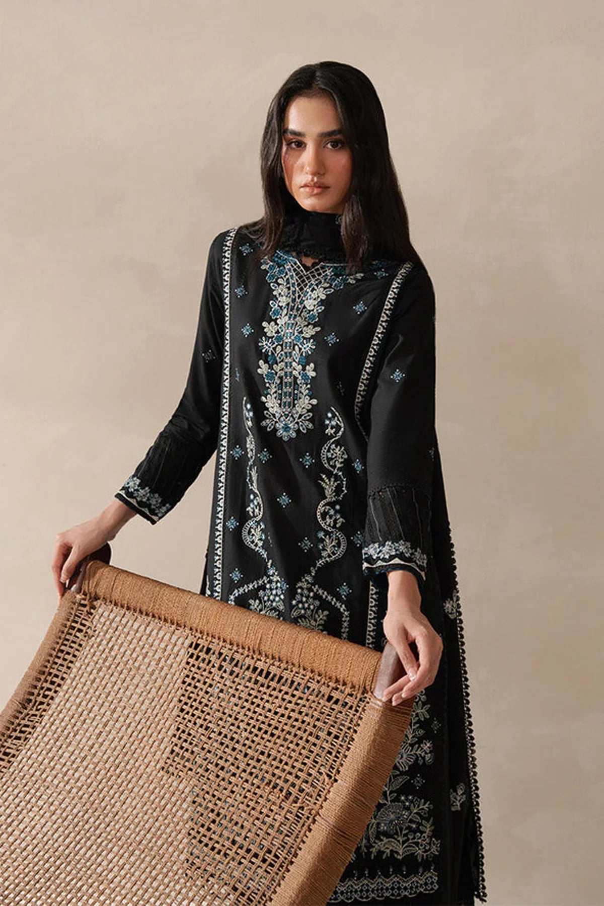 BEECHTREE - 3PC KARANDI EMBROIDERED SHIRT WITH KHADI NET EMBROIDERED DUPATTA AND TROUSER - HZU2433