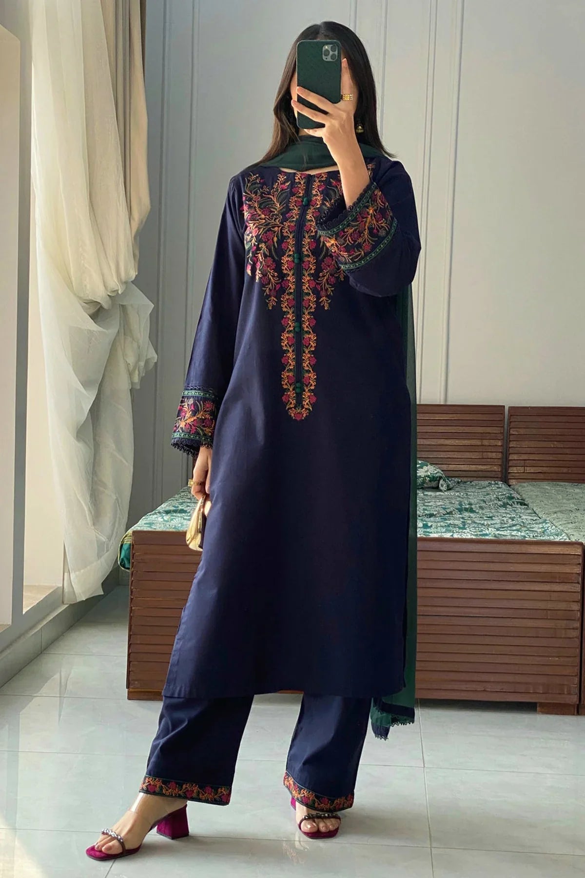MARIA B - 3PC DHANAK EMBROIDERED SHIRT WITH CHIFFON EMBROIDERED DUPATTA AND TROUSER - HZG2412