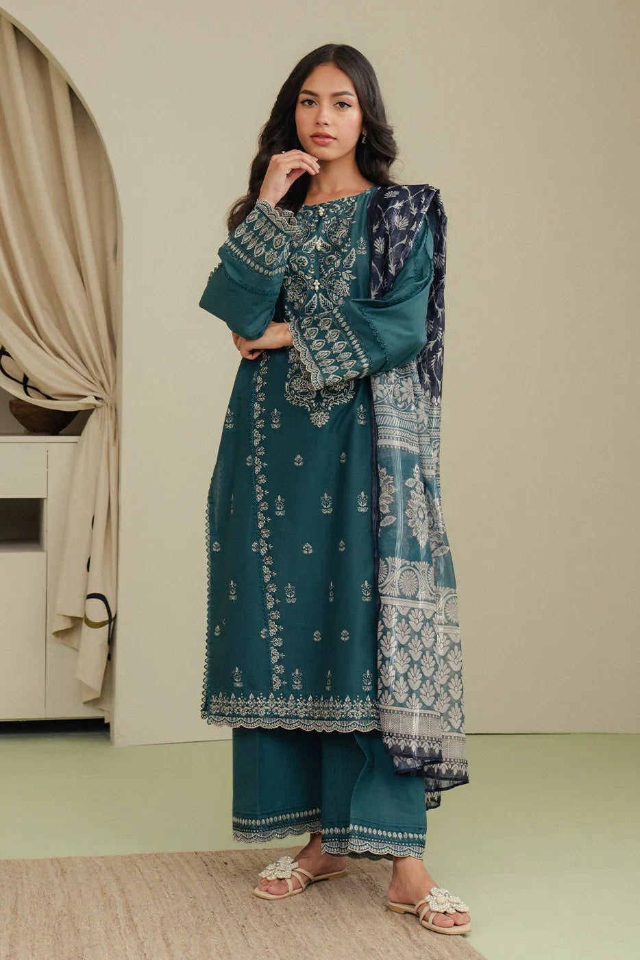 BEECHTREE - 3PC DHANAK EMBROIDERED SHIRT WITH TWILL PRINTED SHAWL AND TROUSER - HZG2379