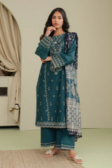 BEECHTREE - 3PC DHANAK EMBROIDERED SHIRT WITH TWILL PRINTED SHAWL AND TROUSER - HZG2379
