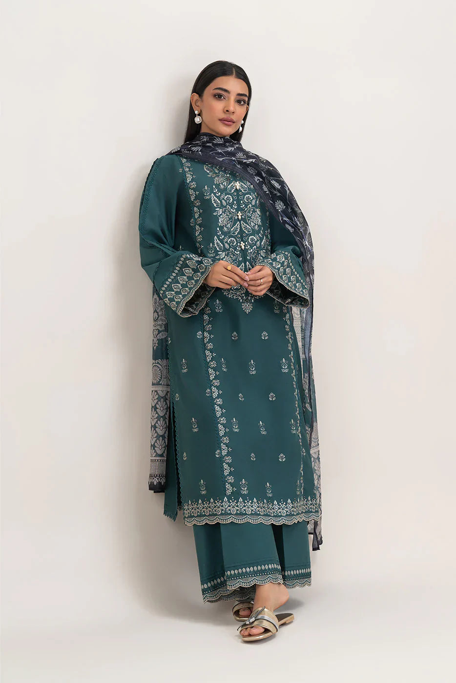 BEECHTREE - 3PC DHANAK EMBROIDERED SHIRT WITH TWILL PRINTED SHAWL AND TROUSER - HZG2379