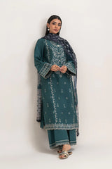BEECHTREE - 3PC DHANAK EMBROIDERED SHIRT WITH TWILL PRINTED SHAWL AND TROUSER - HZG2379