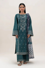 BEECHTREE - 3PC DHANAK EMBROIDERED SHIRT WITH TWILL PRINTED SHAWL AND TROUSER - HZG2379
