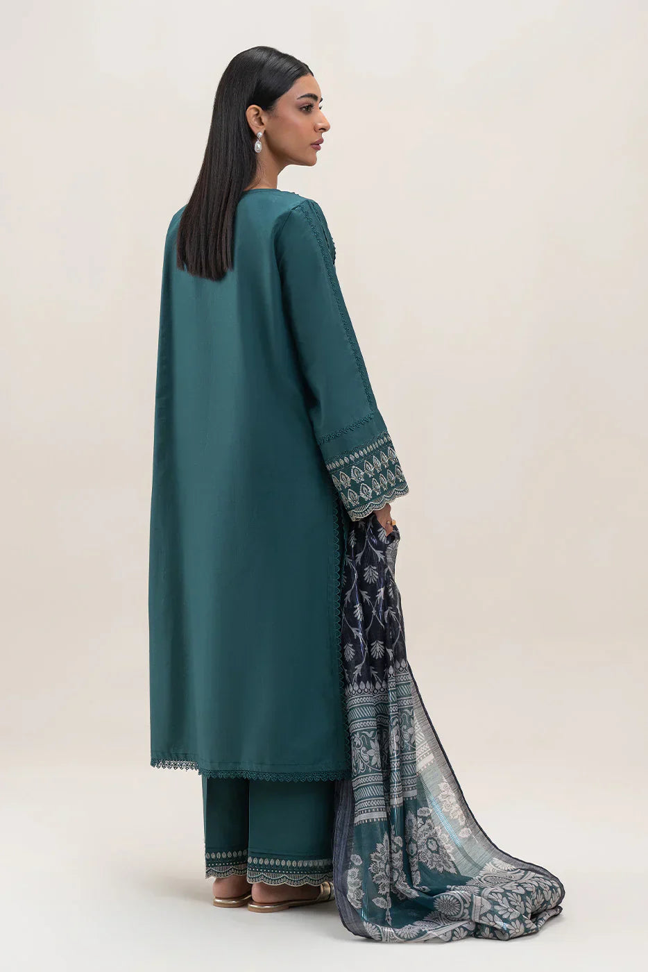 BEECHTREE - 3PC DHANAK EMBROIDERED SHIRT WITH TWILL PRINTED SHAWL AND TROUSER - HZG2379