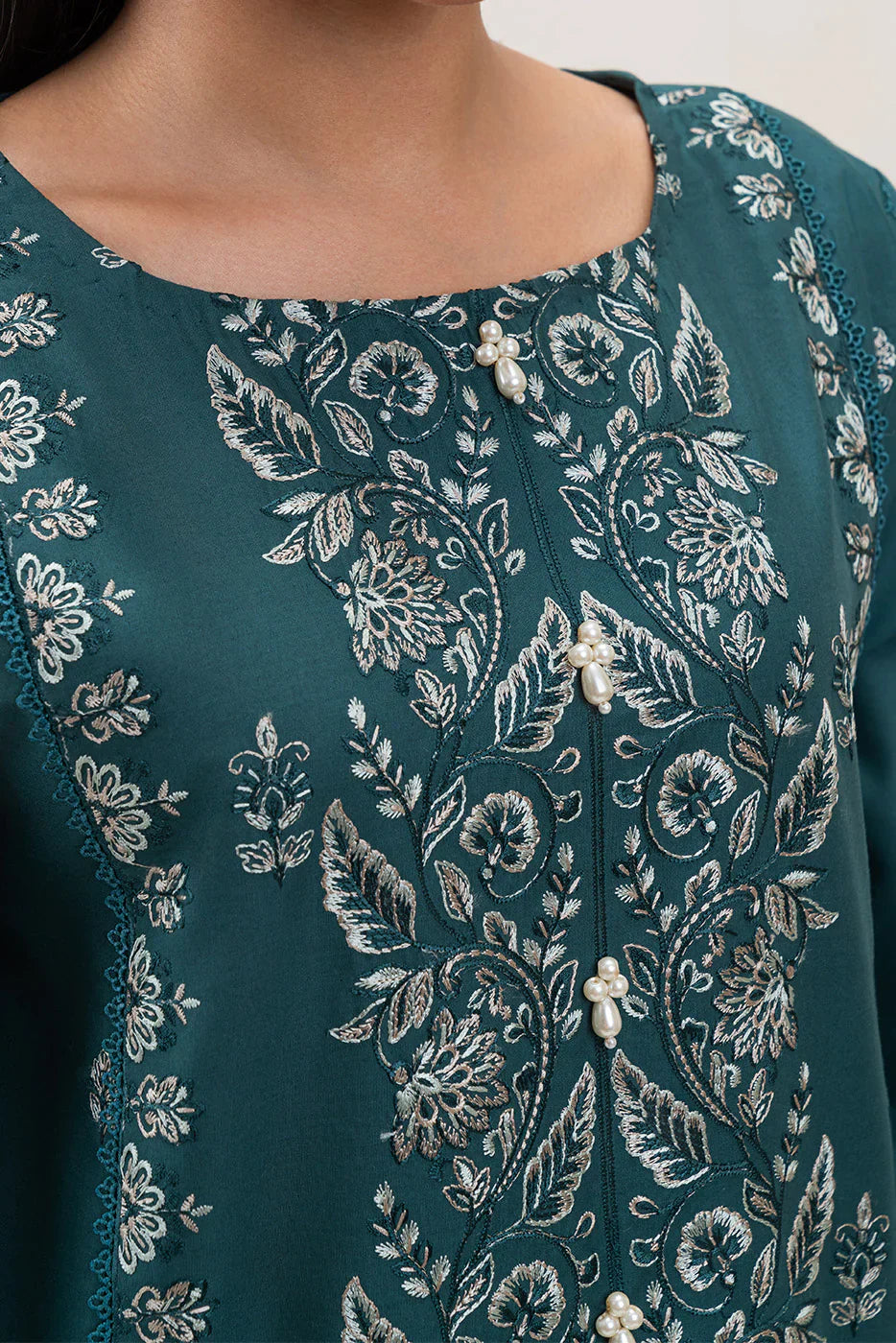 BEECHTREE - 3PC DHANAK EMBROIDERED SHIRT WITH TWILL PRINTED SHAWL AND TROUSER - HZG2379