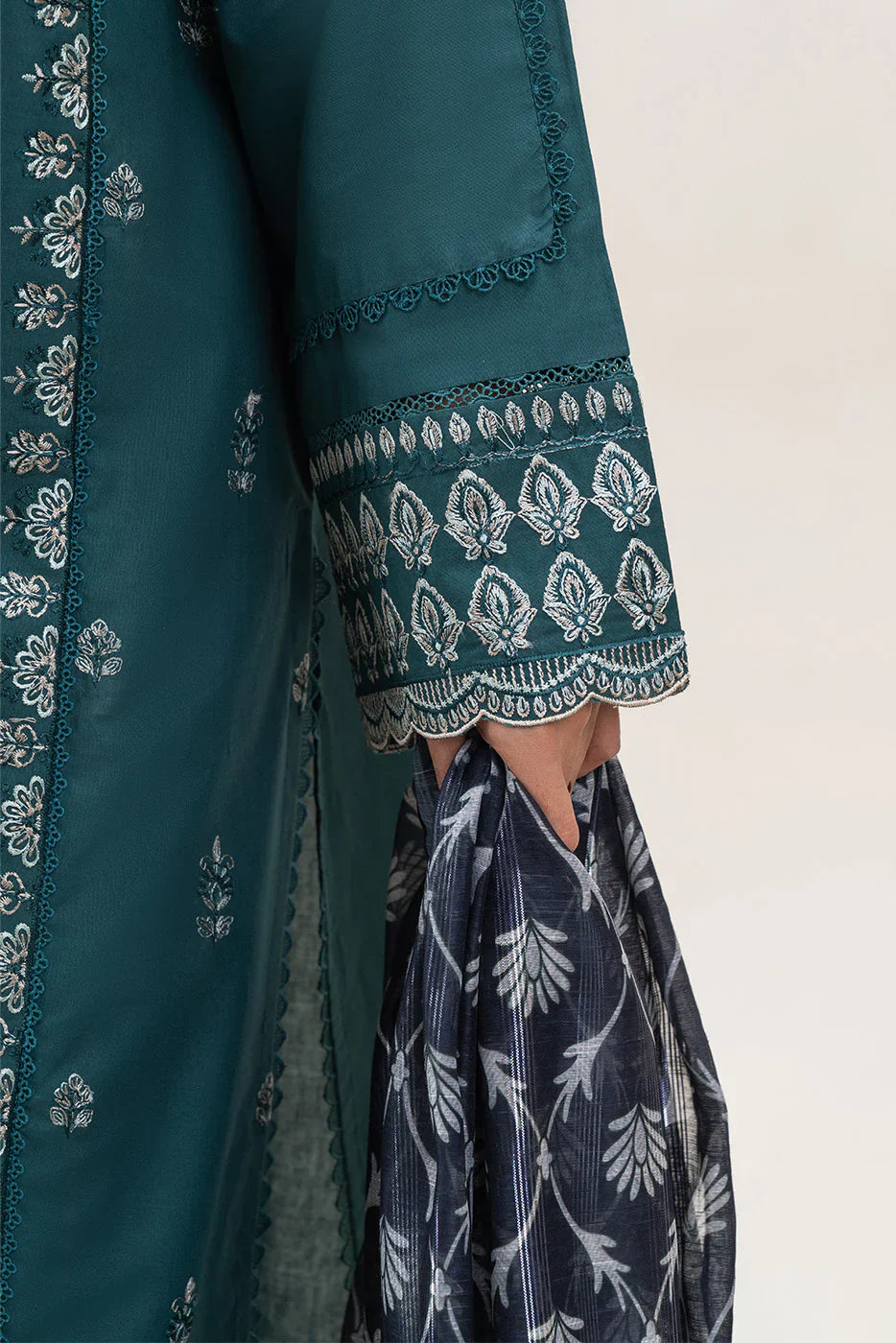 BEECHTREE - 3PC DHANAK EMBROIDERED SHIRT WITH TWILL PRINTED SHAWL AND TROUSER - HZG2379