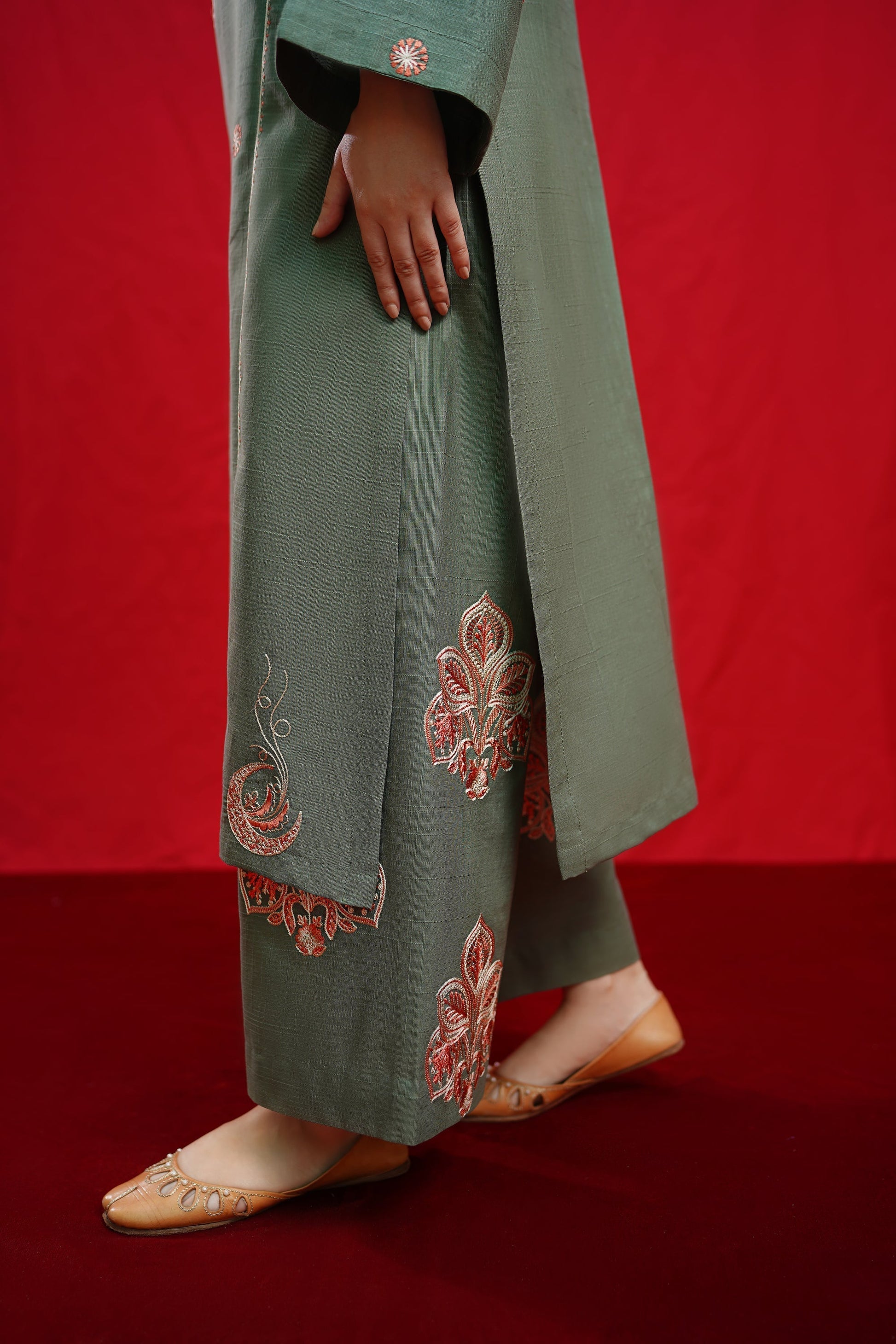 URGE - 3PC DHANAK EMBROIDERED SHIRT WITH TWILL PRINTED SHAWL AND TROUSER - HZG1954