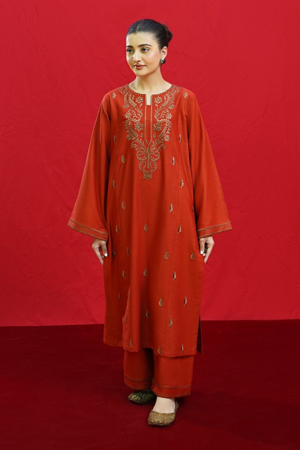 URGE - 3PC DHANAK EMBROIDERED SHIRT WITH TWILL PRINTED SHAWL AND TROUSER - HZG1952