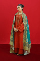 URGE - 3PC DHANAK EMBROIDERED SHIRT WITH TWILL PRINTED SHAWL AND TROUSER - HZG1952