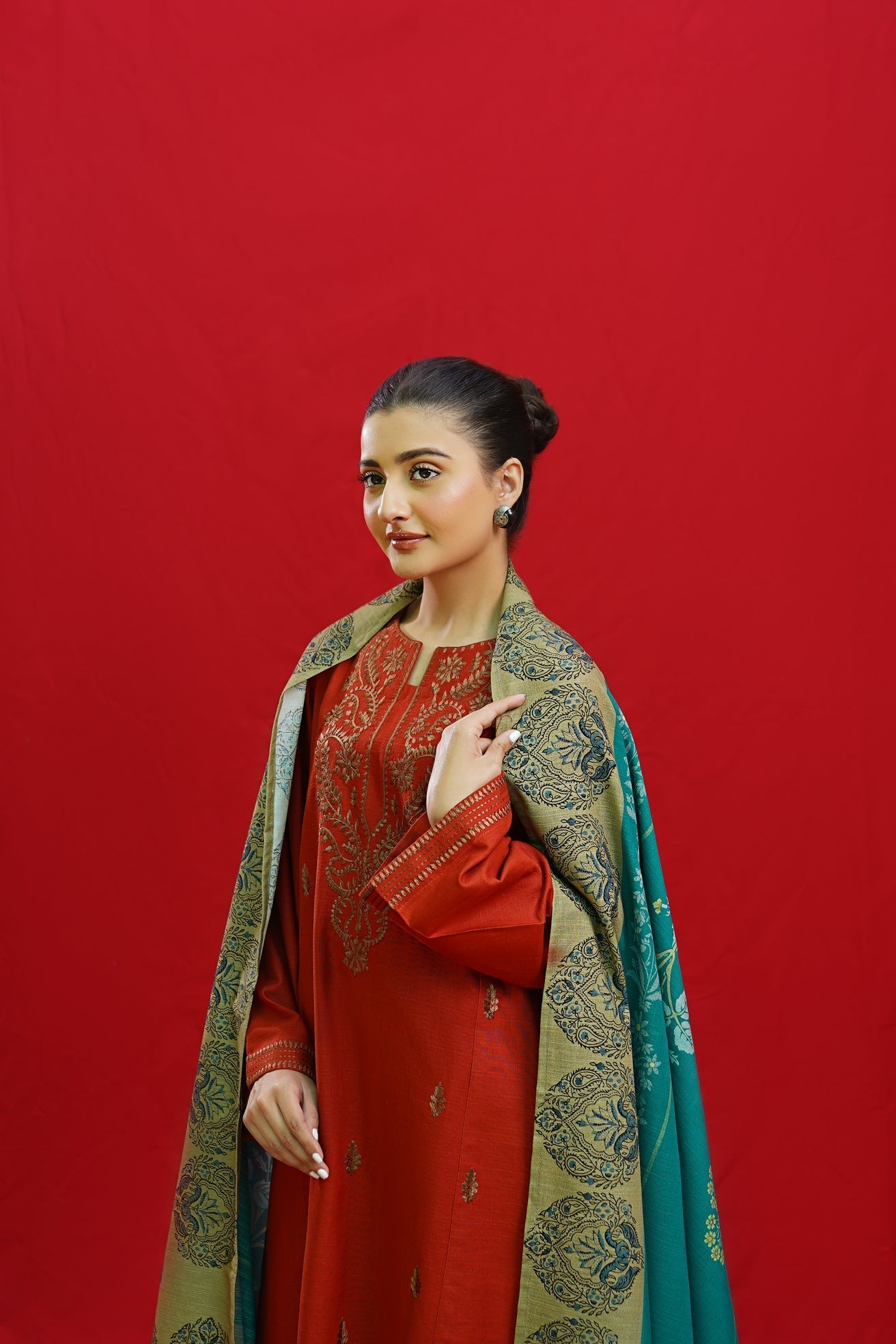 URGE - 3PC DHANAK EMBROIDERED SHIRT WITH TWILL PRINTED SHAWL AND TROUSER - HZG1952