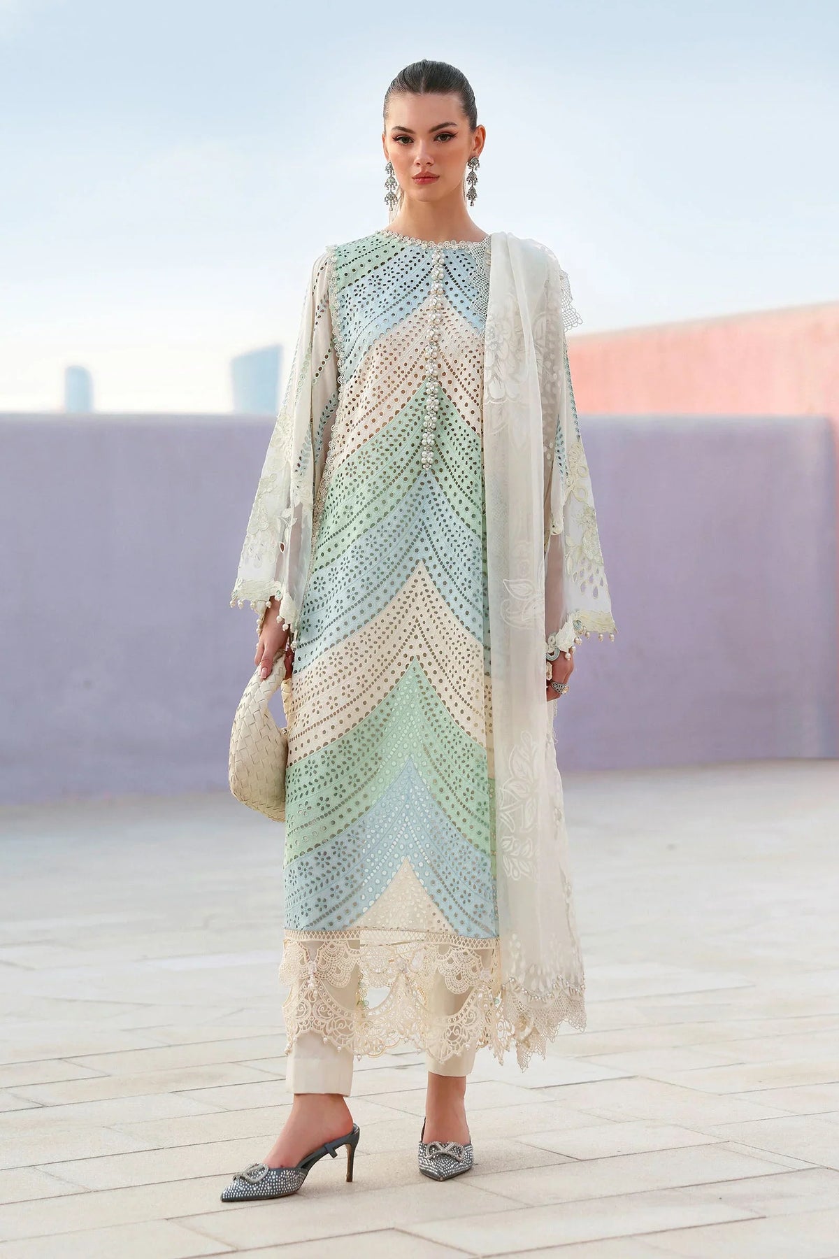 MARIA B - 3PC LAWN CHIKANKAARI EMBROIDERED SHIRT WITH SELF JACQUARD EMBROIDERED DUPATTA AND TROUSER - HZG2789