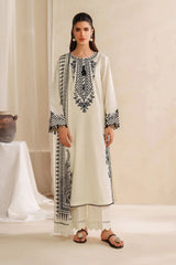 GARNET - 3PC KHADDAR EMBROIDERED SHIRT WITH TWILL PRINTED SHAWL AND TROUSER - HZU2505