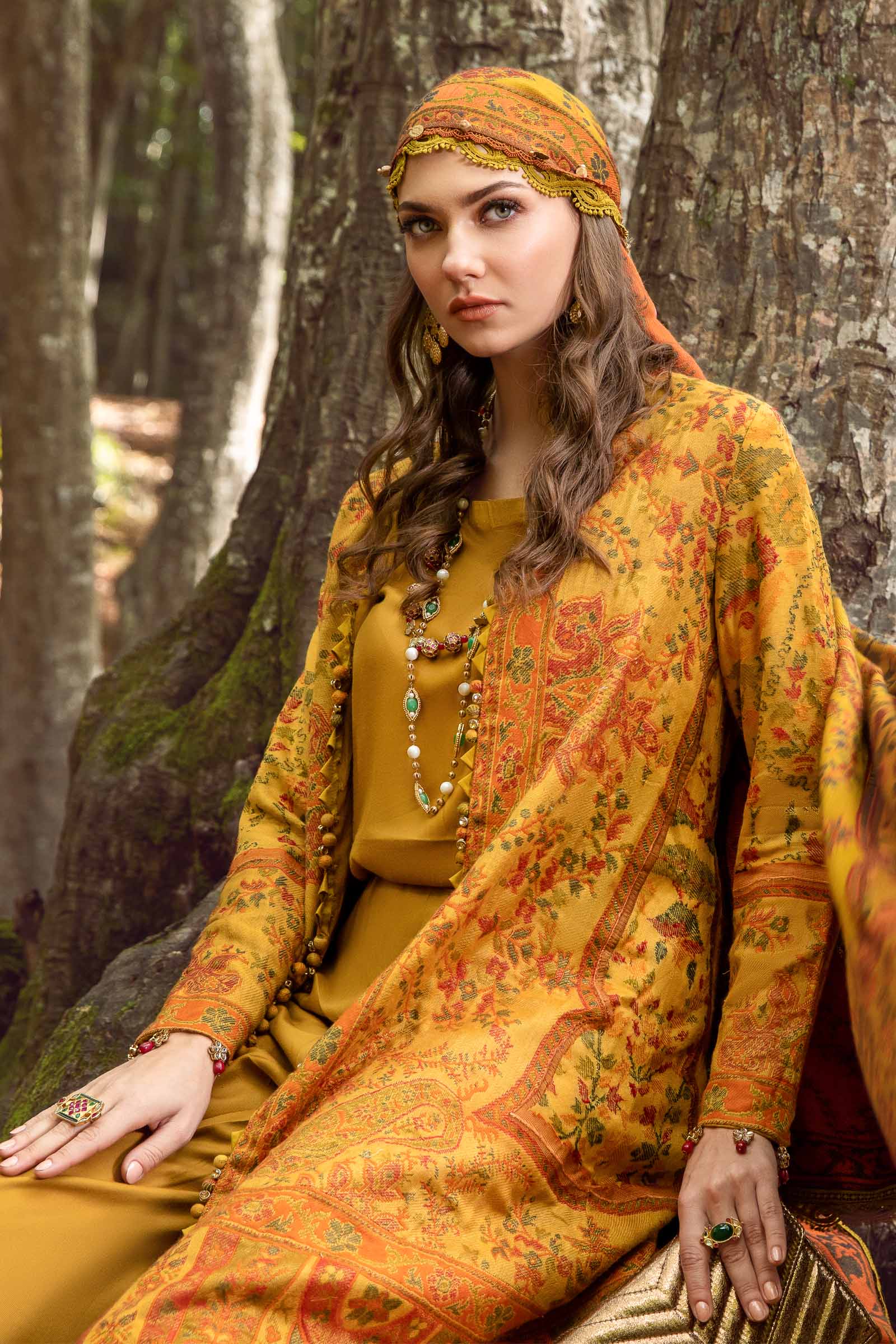 MARIA B - 3PC KARANDI EMBROIDERED SHIRT WITH TWILL PRINTED SHAWL AND TROUSER - HZU2458