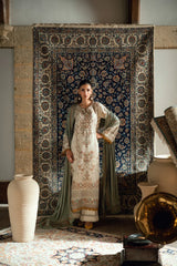 FLORENT - 3PC DHANAK EMBROIDERED SHIRT WITH DHANAK EMBROIDERED SHAWL AND TROUSER - HZG3107