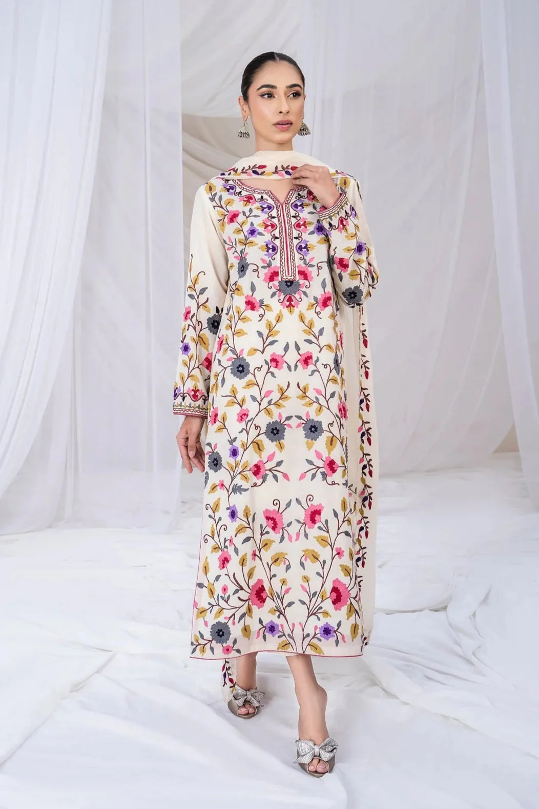SAPPHIRE - 3PC DHANAK EMBROIDERED SHIRT WITH CHIFFON EMBROIDERED DUPATTA AND TROUSER - HZU2461