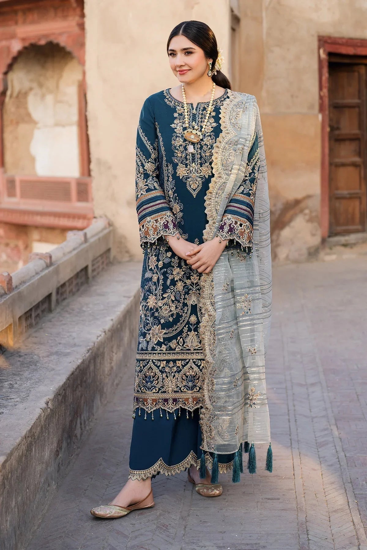 NUREH - 3PC DHANAK EMBROIDERED SHIRT WITH COTTON NET EMBROIDERED DUPATTA AND TROUSER - HZU2441
