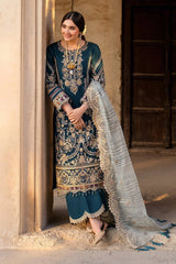 NUREH - 3PC DHANAK EMBROIDERED SHIRT WITH COTTON NET EMBROIDERED DUPATTA AND TROUSER - HZU2441