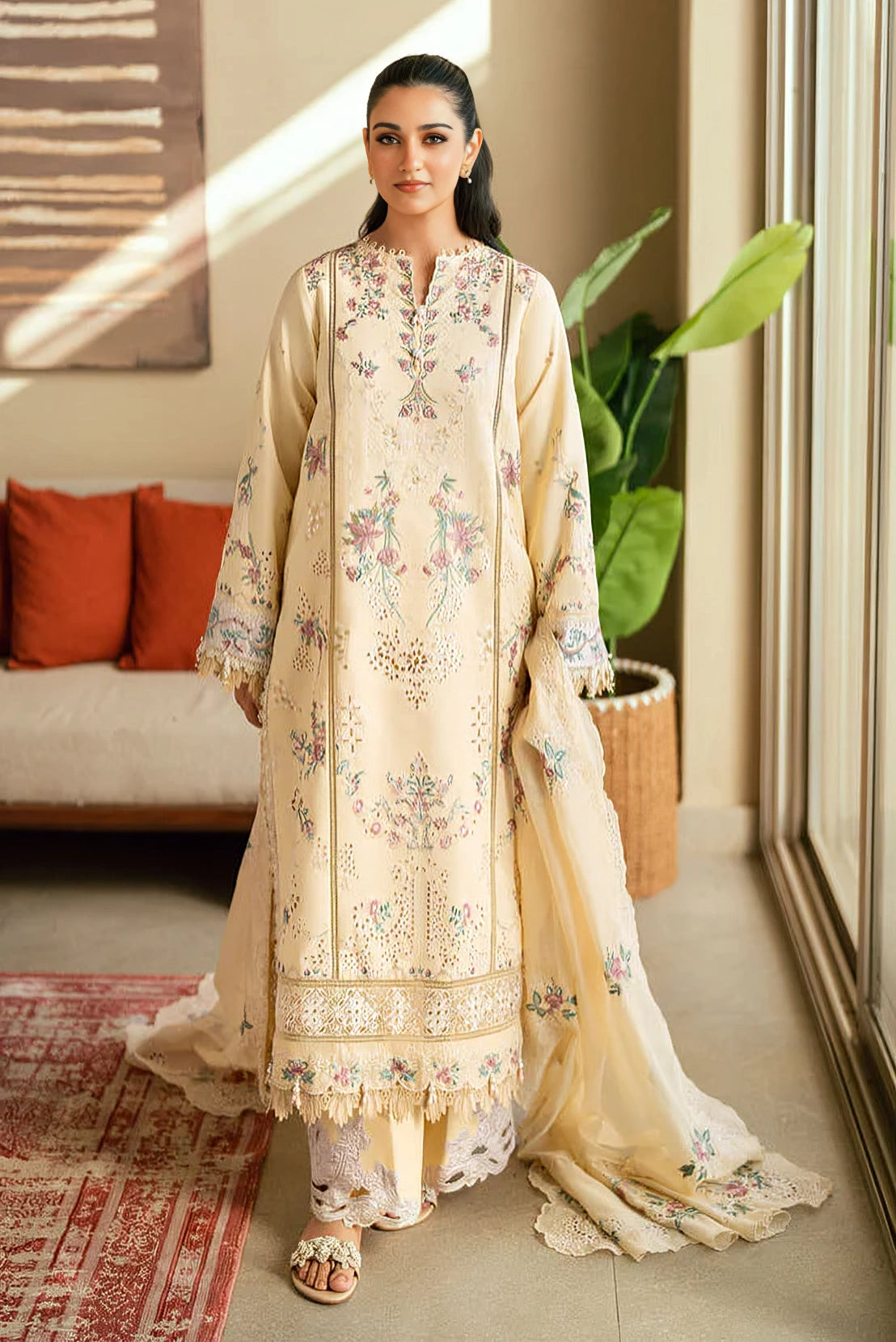 FLORENT - 3PC DHANAK EMBROIDERED SHIRT WITH DHANAK EMBROIDERED SHAWL AND TROUSER - HZG2457