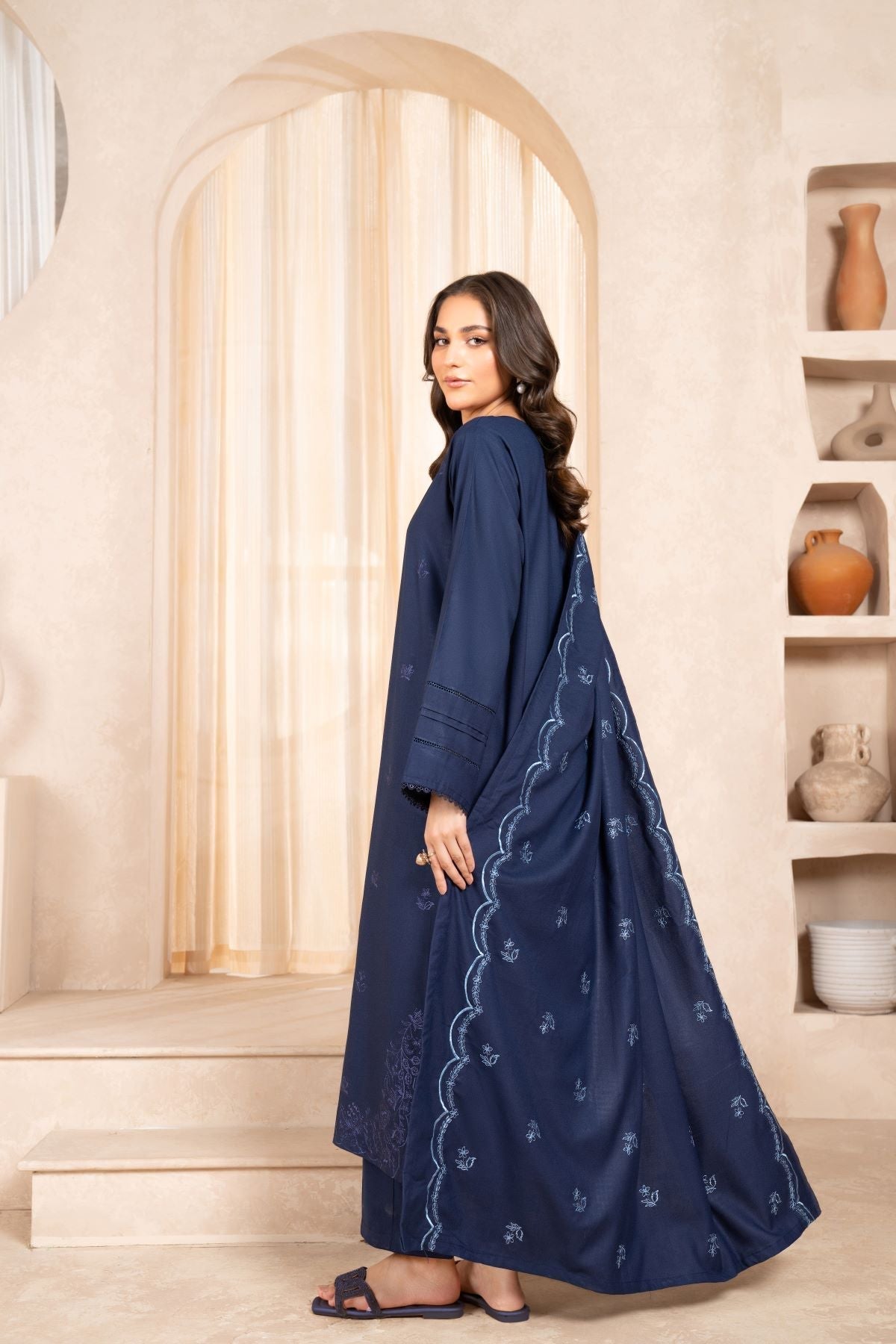 LAZULI - 3PC DHANAK EMBROIDERED SHIRT WITH DHANAK EMBROIDERED SHAWL AND TROUSER - HZG1948