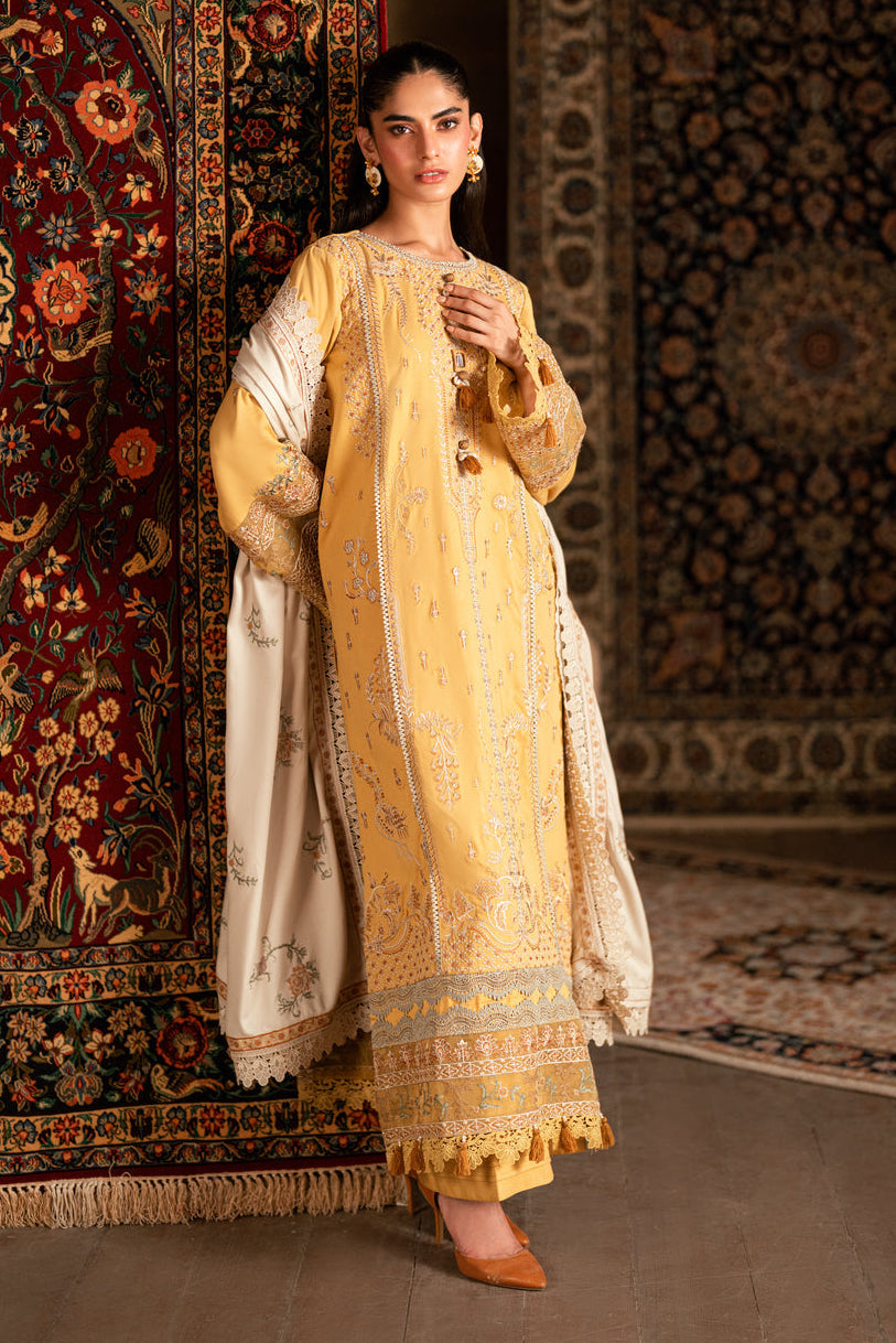 FLORENT - 3PC DHANAK EMBROIDERED SHIRT WITH DHANAK EMBROIDERED SHAWL AND TROUSER - HZG2604