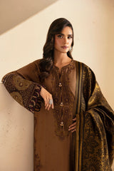 ETHNC - 3PC DHANAK EMBROIDERED SHIRT WITH TWILL PRINTED SHAWL AND TROUSER - HZG1927