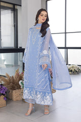 AZURE - 3PC ORGANZA EMBROIDERED LAWN SHIRT WITH ORGANZA EMBROIDERED DUPATTA AND TROUSER - HZG1556