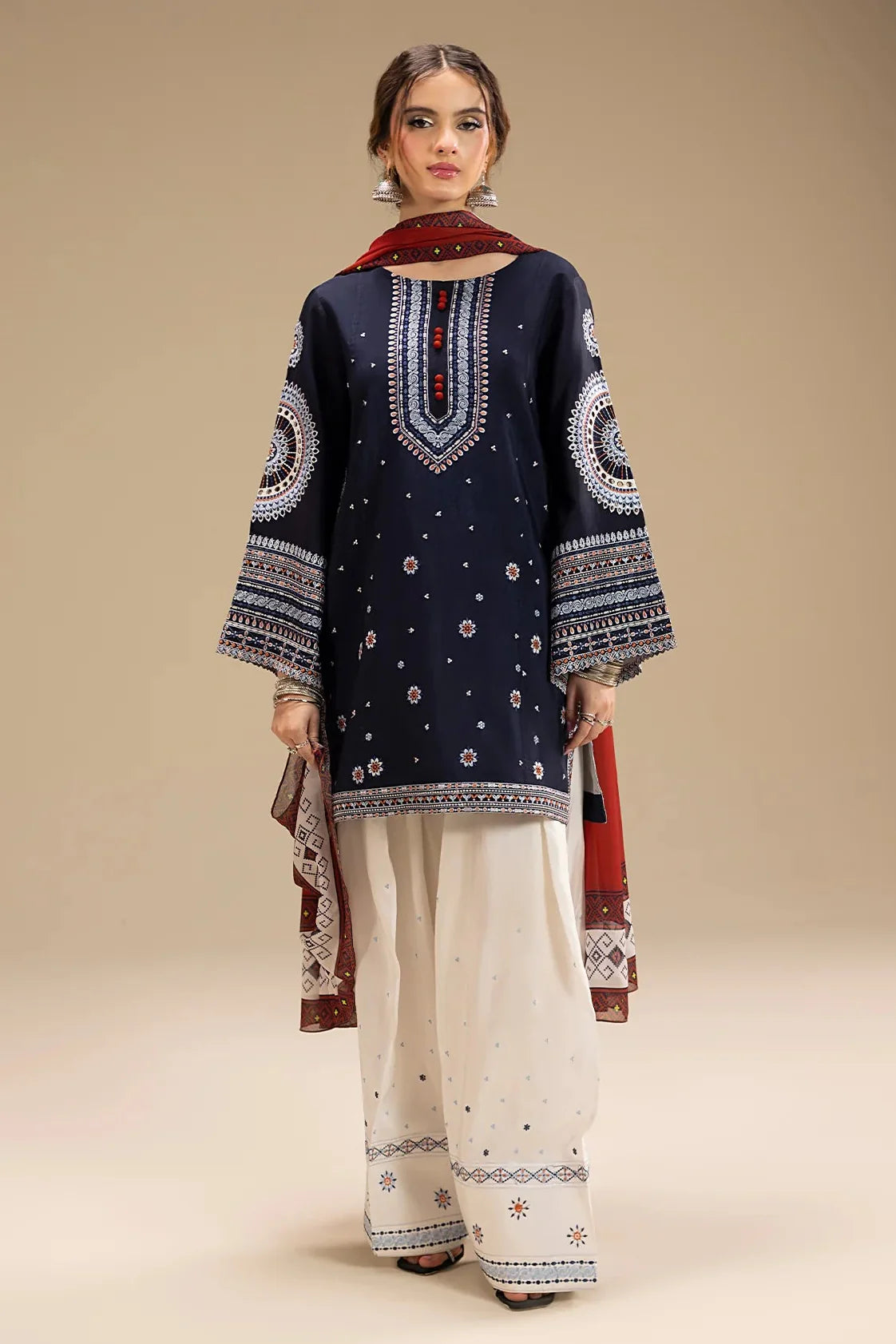 JAZMIN - 3PC DHANAK EMBROIDERED SHIRT WITH TWILL PRINTED SHAWL AND TROUSER - HZU2541