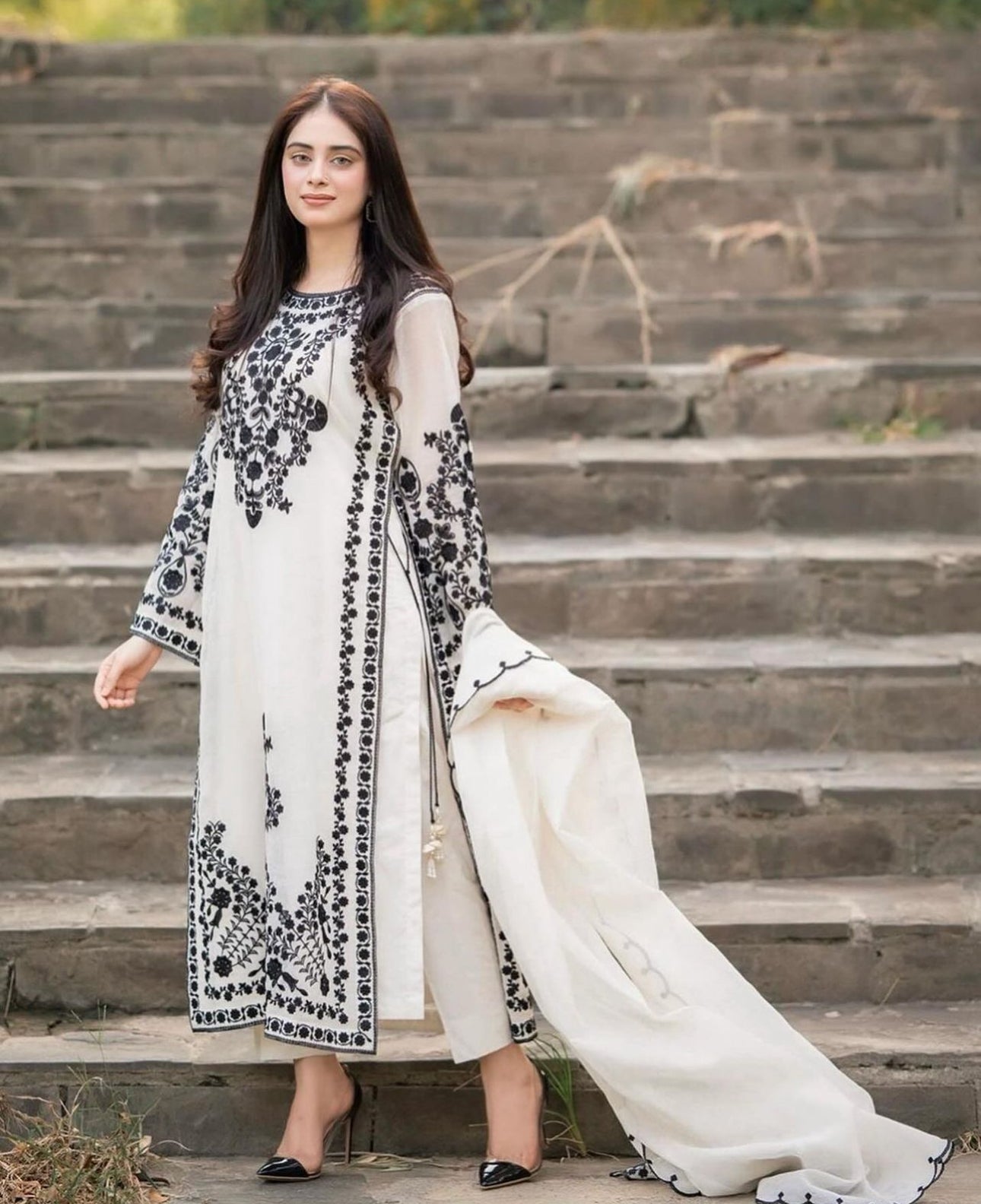 AZURE - 3PC DHANAK EMBROIDERED SHIRT WITH COTTON NET DUPATTA AND TROUSER - HZG1821