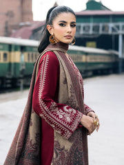 IZEL - 3PC DHANAK EMBROIDERED SHIRT WITH TWILL PRINTED SHAWL AND TROUSER - HZG1878