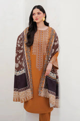 GARNET - 3PC DHANAK EMBROIDERED SHIRT WITH TWILL PRINTED SHAWL AND TROUSER - HZG2082