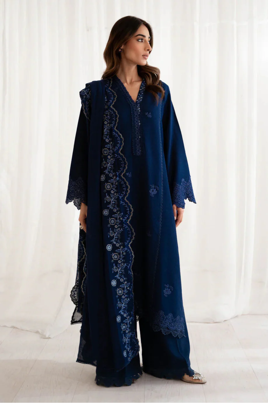 BATIK - 3PC DHANAK EMBROIDERED SHIRT WITH DHANAK EMBROIDERED SHAWL AND TROUSER - HZU2442