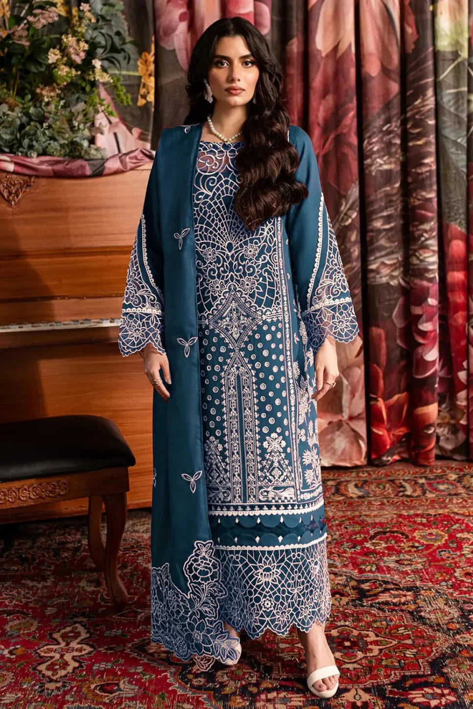 MAHNUR - 3PC LAWN CHIKANKAARI EMBROIDERED SHIRT WITH KHADDI NET EMBROIDEERED DUPATTA AND TROUSER - HZG2765