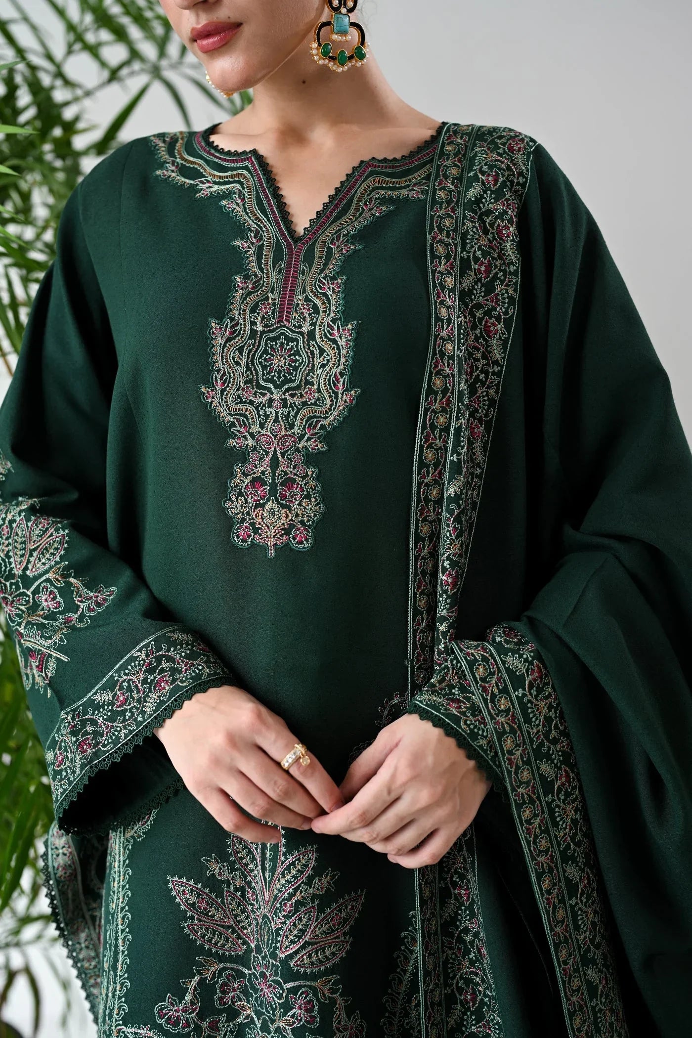 ASIM JOFA - 3PC DHANAK EMBROIDERED SHIRT WITH DHANAK EMBROIDERED SHAWL AND TROUSER - HZG2410