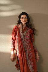 ZAIB - 3PC DHANAK EMBROIDERED SHIRT WITH DHANAK EMBROIDERED SHAWL AND TROUSER - HZU2595