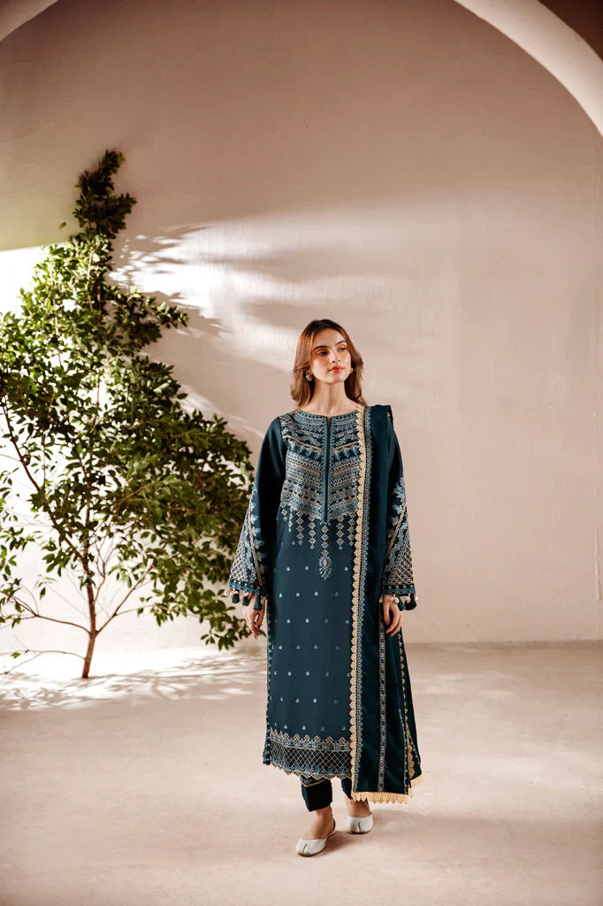 FLORENT - 3PC DHANAK EMBROIDERED SHIRT WITH DHANAK EMBROIDERED SHAWL AND TROUSER - HZG2450